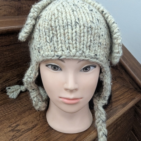 Hand Knit Rabbit Hat Adult OS Wool Blend Cream With Black Accents - Picture 7 of 8